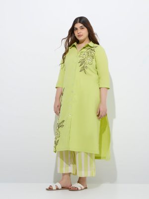 Diza Lime Botanical Design A-Line Cotton Kurta