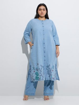Diza Light Blue Embroidered Cotton-Blend A-Line Kurta