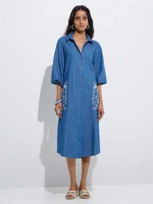 Utsa Blue Floral Embroidered Denim Shirt Dress