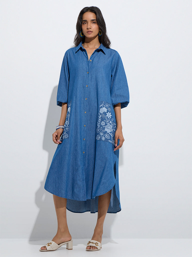 Utsa Blue Floral Embroidered Denim Shirt Dress - Image 2