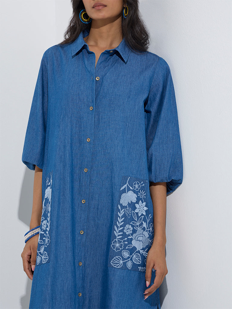 Utsa Blue Floral Embroidered Denim Shirt Dress - Image 3