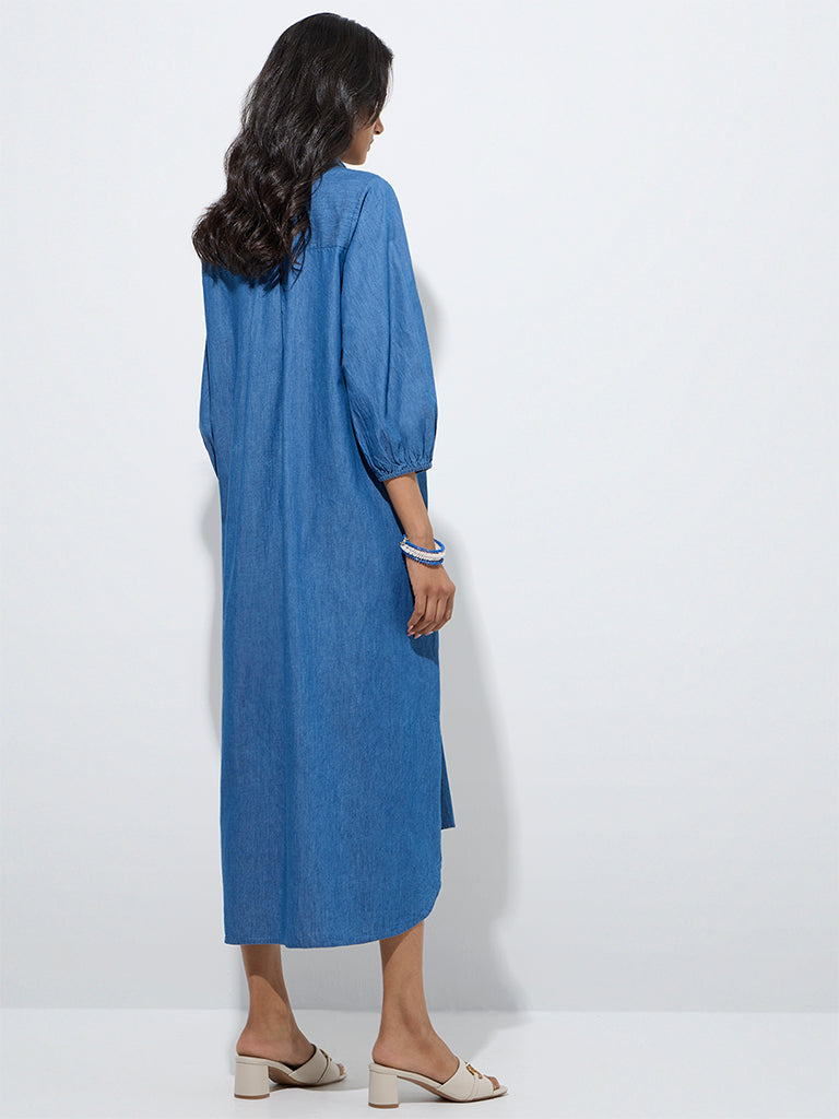 Utsa Blue Floral Embroidered Denim Shirt Dress - Image 4