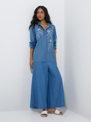 Utsa Blue Floral Embroidered Denim Tunic