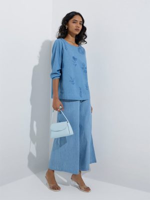 Utsa Light Blue Botanical Design Denim Ethnic Top