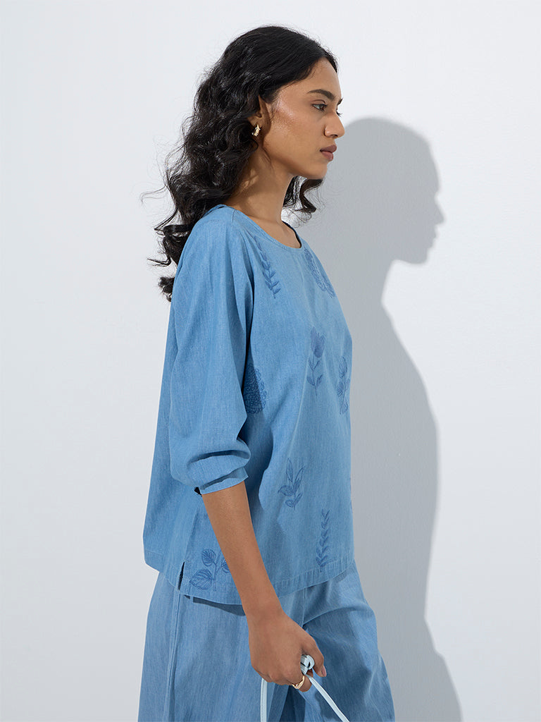Utsa Light Blue Botanical Design Denim Ethnic Top - Image 2