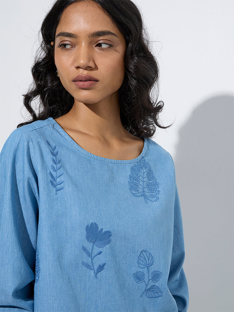 Utsa Light Blue Botanical Design Denim Ethnic Top - Image 3