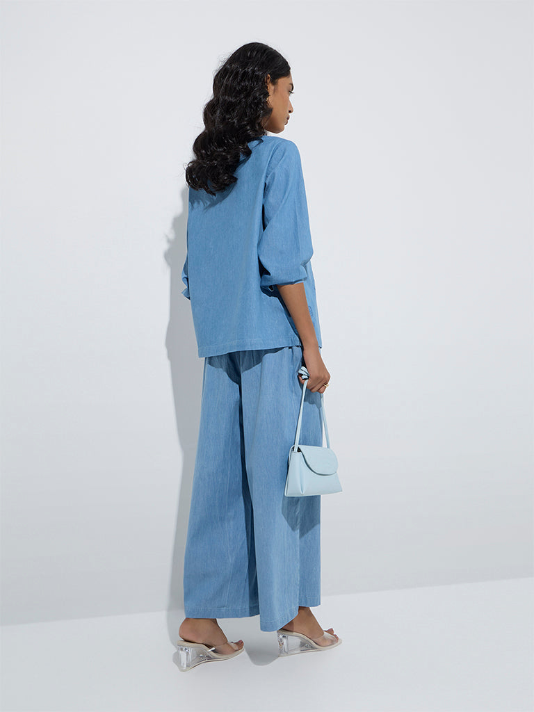 Utsa Light Blue Botanical Design Denim Ethnic Top - Image 4