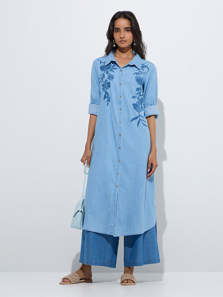 Utsa Light Blue Floral Embroidered Denim A-Line Kurta