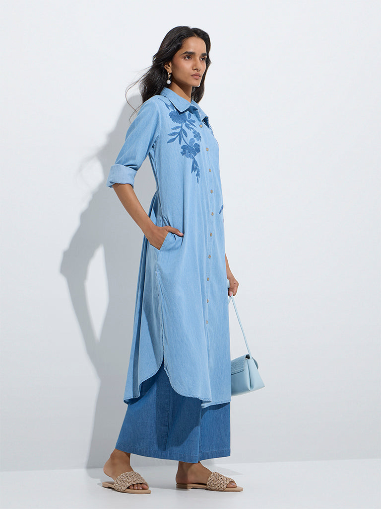 Utsa Light Blue Floral Embroidered Denim A-Line Kurta - Image 2