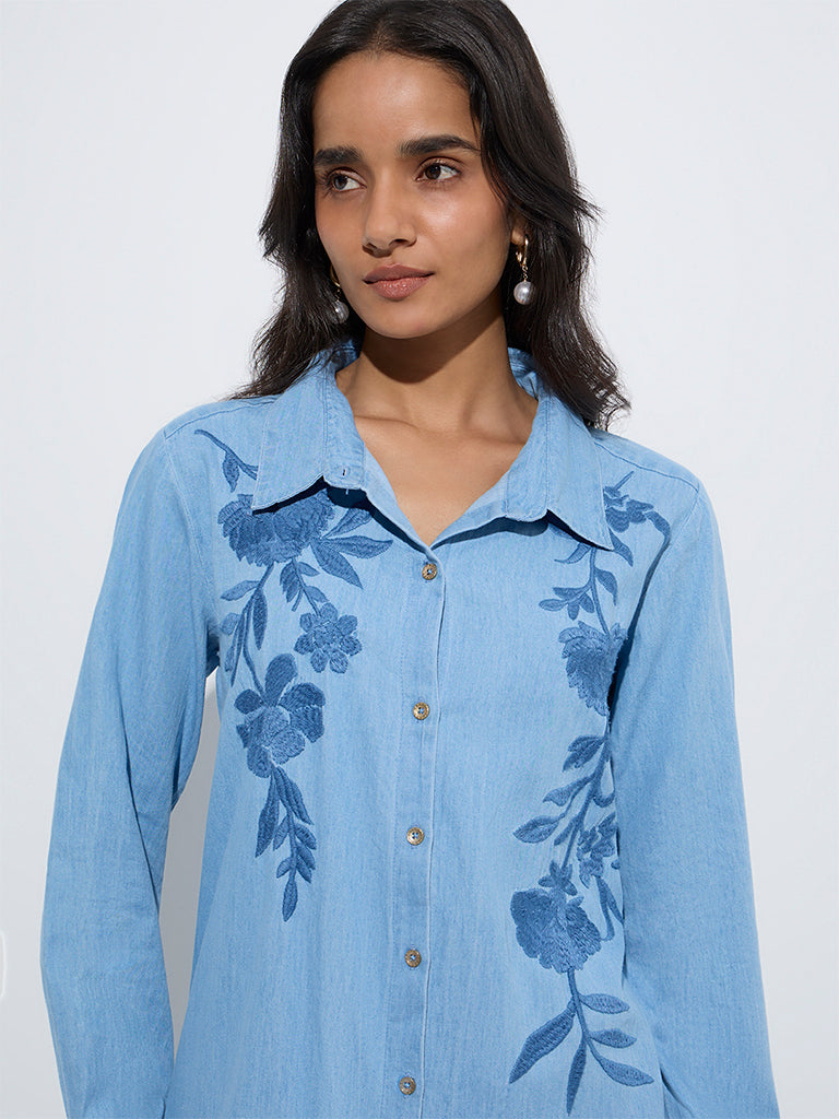 Utsa Light Blue Floral Embroidered Denim A-Line Kurta - Image 3