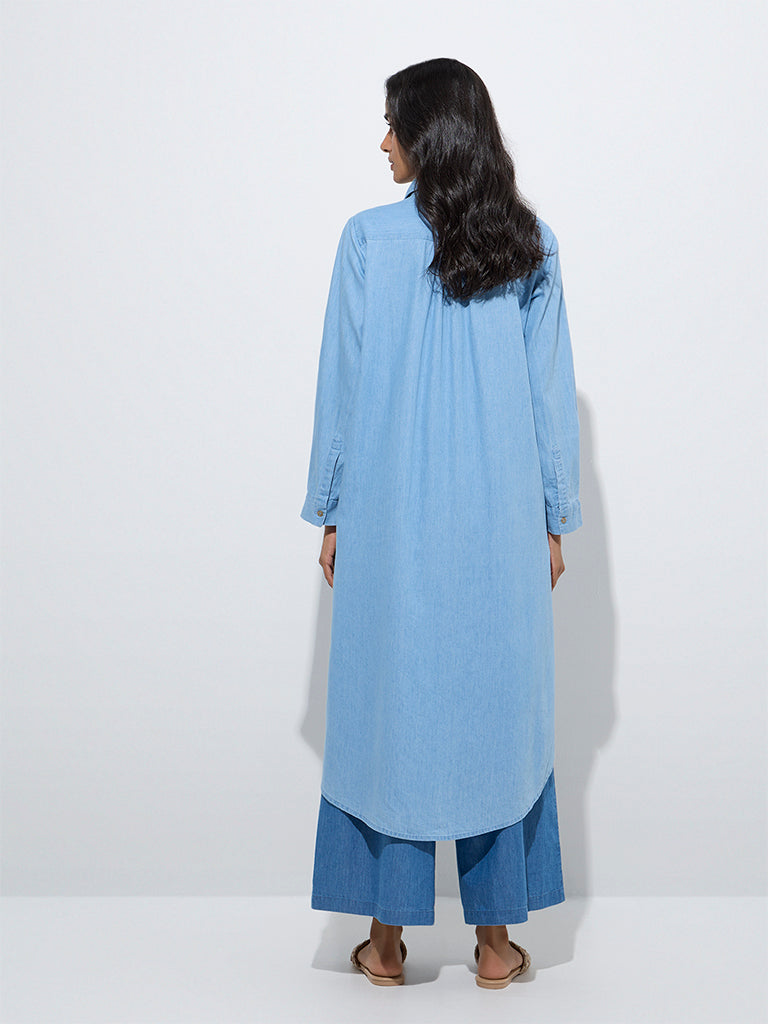 Utsa Light Blue Floral Embroidered Denim A-Line Kurta - Image 4