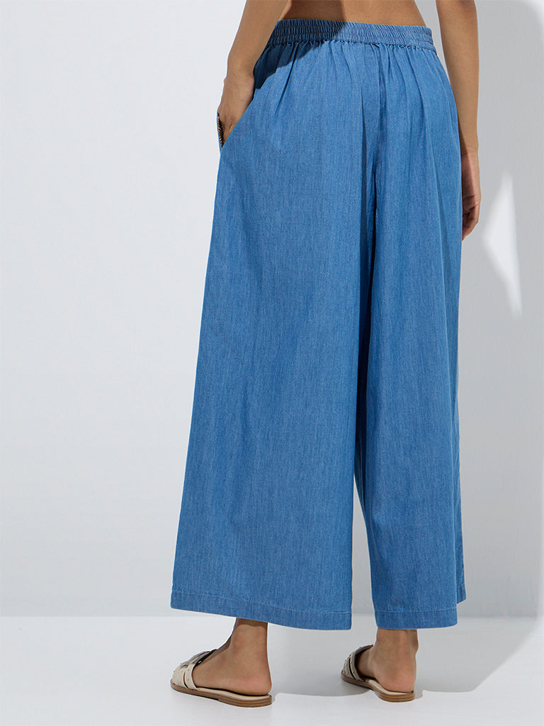 Utsa Blue Solid Denim Palazzos - Image 4