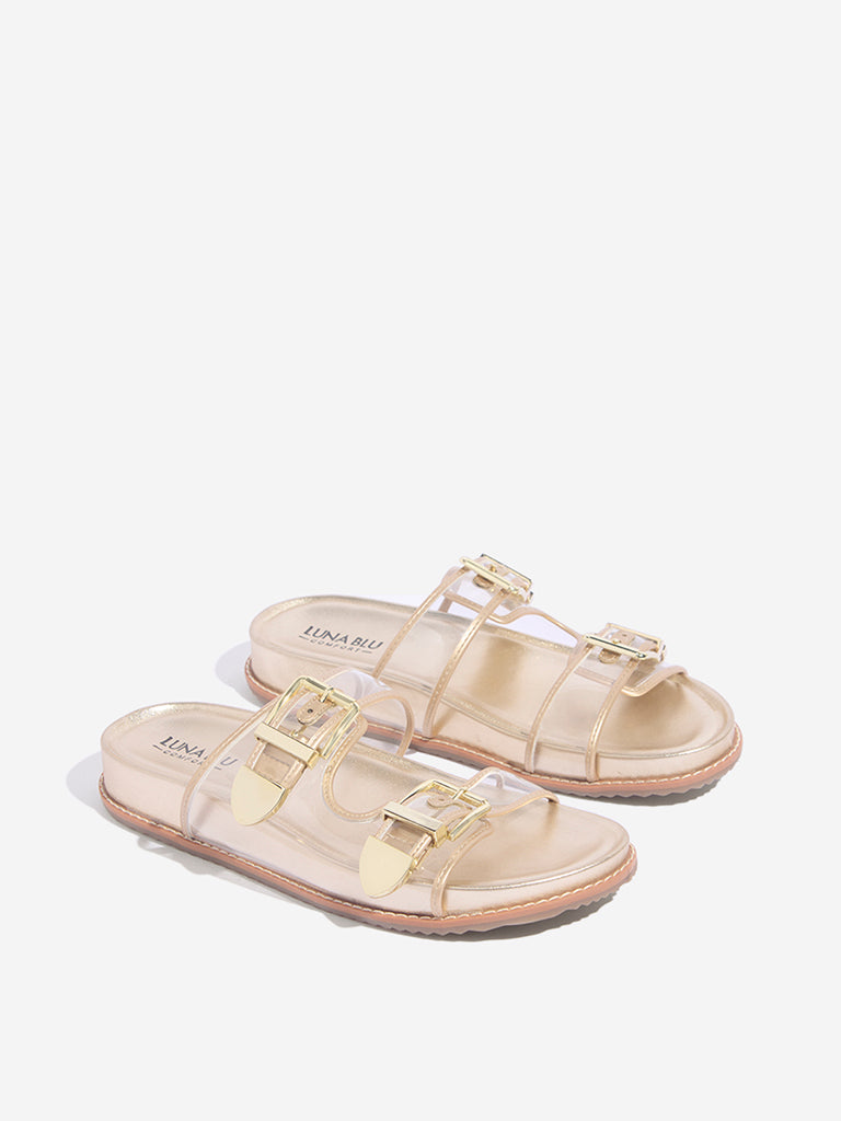 LUNA BLU Gold Dual-Strap Slip-On Comfort Sandals - Image 2