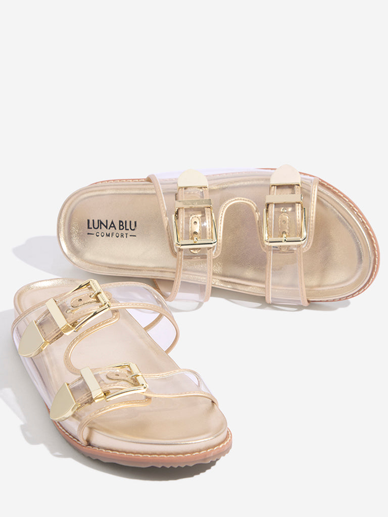 LUNA BLU Gold Dual-Strap Slip-On Comfort Sandals - Image 3