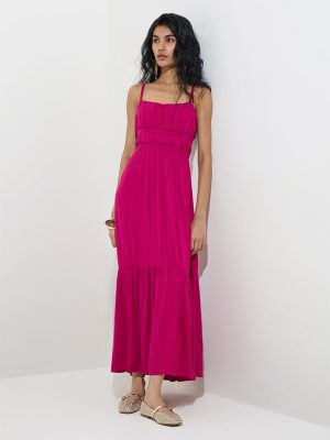 Nuon Fuchsia Crinkle-Textured Tiered Dress