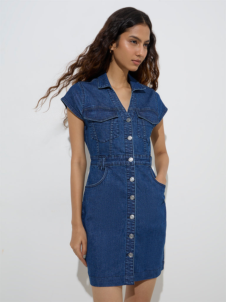 Nuon Dark Blue Denim Shirt Dress - Image 2