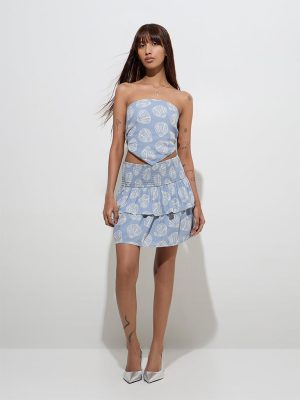 Nuon Dusty Blue Shell Pattern Tiered High-Rise Skirt