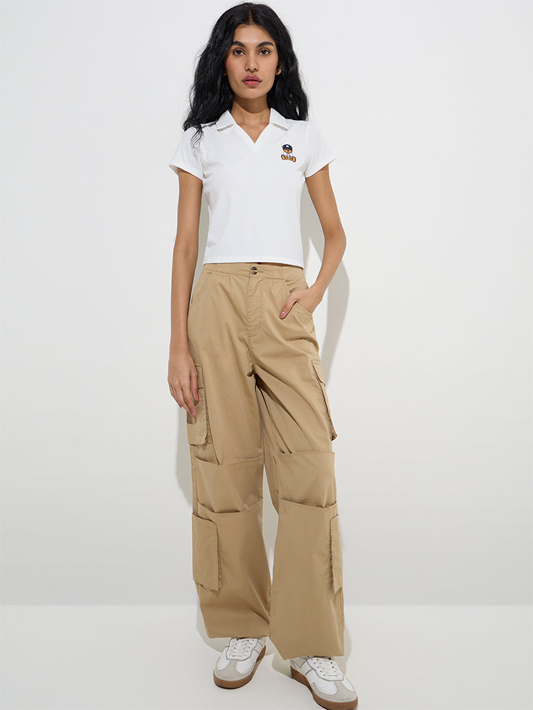 Nuon Dark Beige High-Rise Cotton-Blend Pants