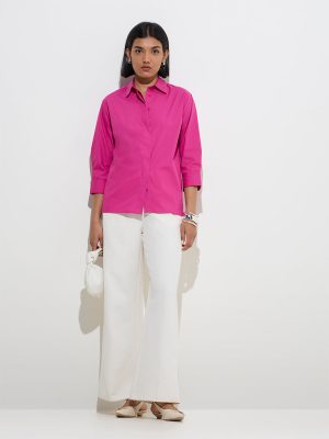 Wardrobe Magenta Solid Cotton Shirt