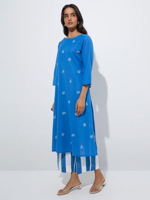 Utsa Blue Seashell Design Cotton-Blend A-Line Kurta