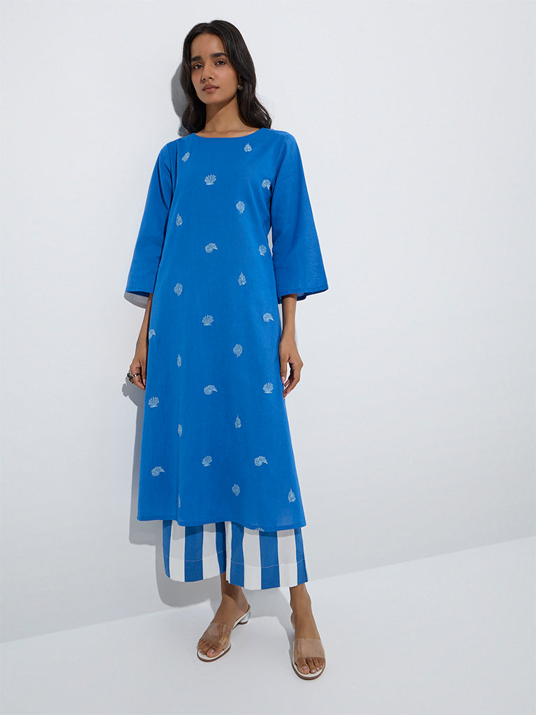 Utsa Blue Seashell Design Cotton-Blend A-Line Kurta - Image 2