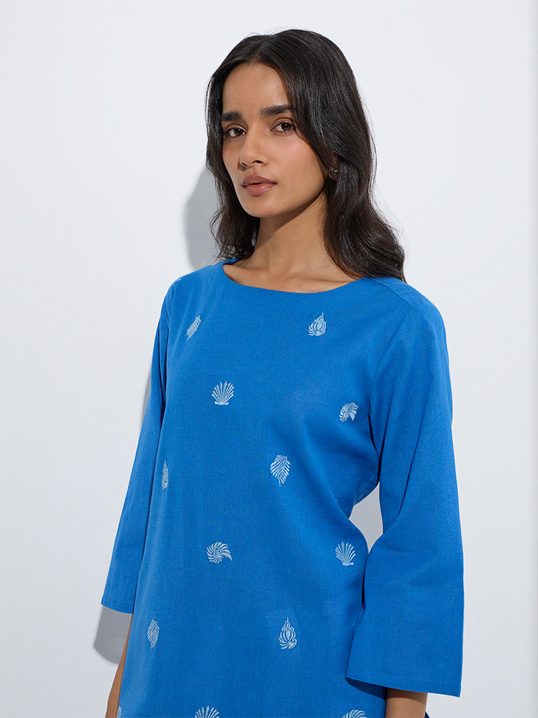 Utsa Blue Seashell Design Cotton-Blend A-Line Kurta - Image 3