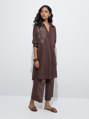 Utsa Brown Floral Embroidered High-Low Cotton Kurta