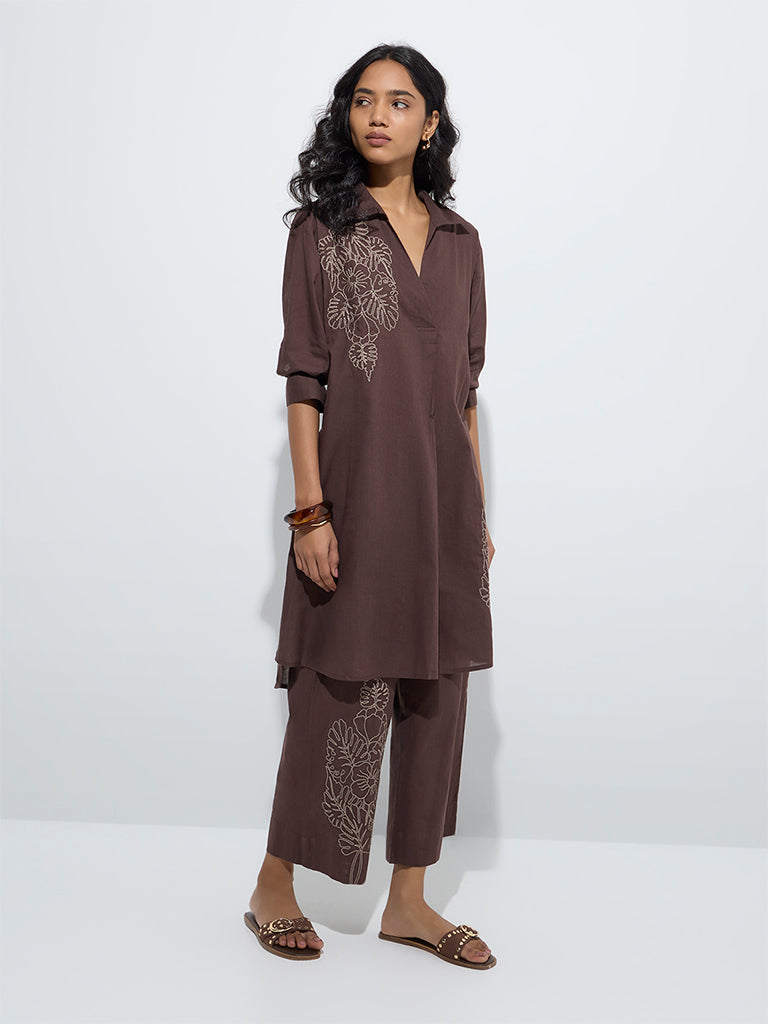 Utsa Brown Floral Embroidered High-Low Cotton Kurta