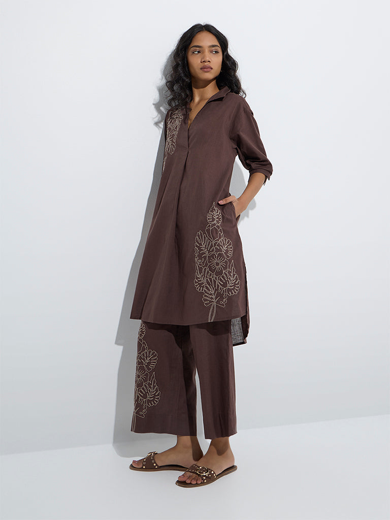Utsa Brown Floral Embroidered High-Low Cotton Kurta - Image 2