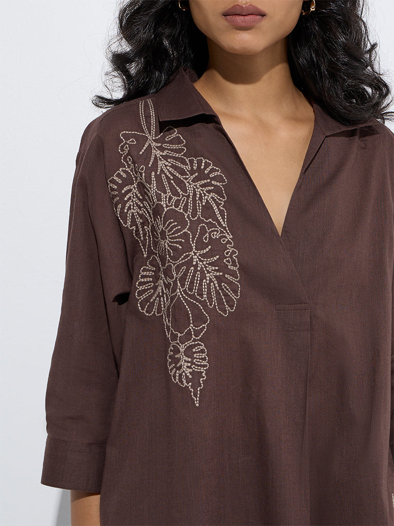 Utsa Brown Floral Embroidered High-Low Cotton Kurta - Image 3