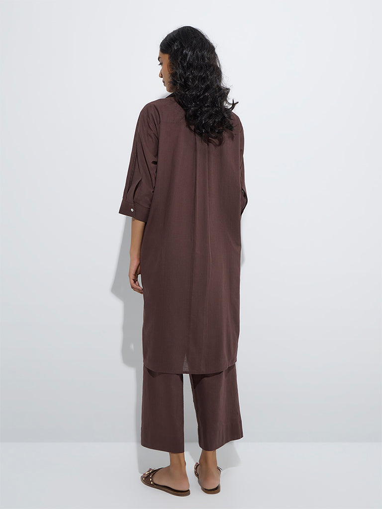 Utsa Brown Floral Embroidered High-Low Cotton Kurta - Image 4