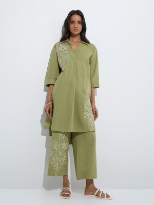 Utsa Olive Floral Embroidered Cotton A-Line Kurta