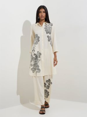 Utsa Off-White Botanical Design Straight Kurta