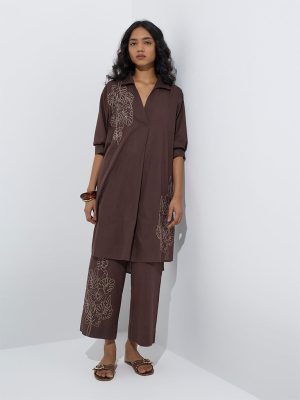 Utsa Brown Floral Embroidered Cotton Ethnic Pants