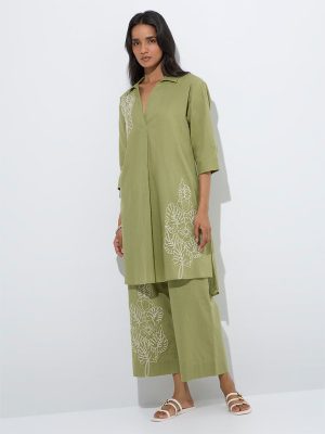 Utsa Olive Floral Embroidered Cotton Ethnic Pants