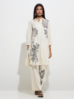 Utsa Off-White Botanical Design Palazzos