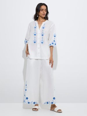 Utsa White Floral Embroidered Cotton-Blend Palazzos