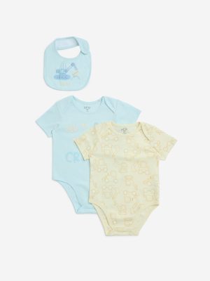 HOP Baby Multicolour Cotton Rompers with Bib - Pack of 2