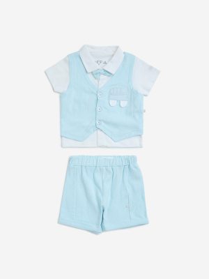 HOP Baby Blue Cotton-Blend Shirt. Waistcoat. Shorts and Bow
