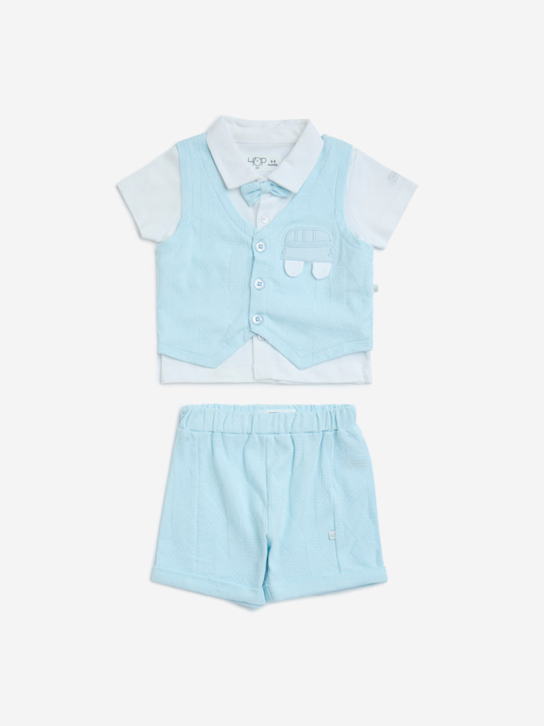 HOP Baby Blue Cotton-Blend Shirt. Waistcoat. Shorts and Bow