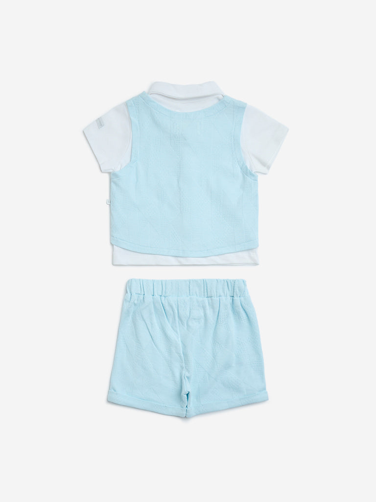 HOP Baby Blue Cotton-Blend Shirt. Waistcoat. Shorts and Bow - Image 2