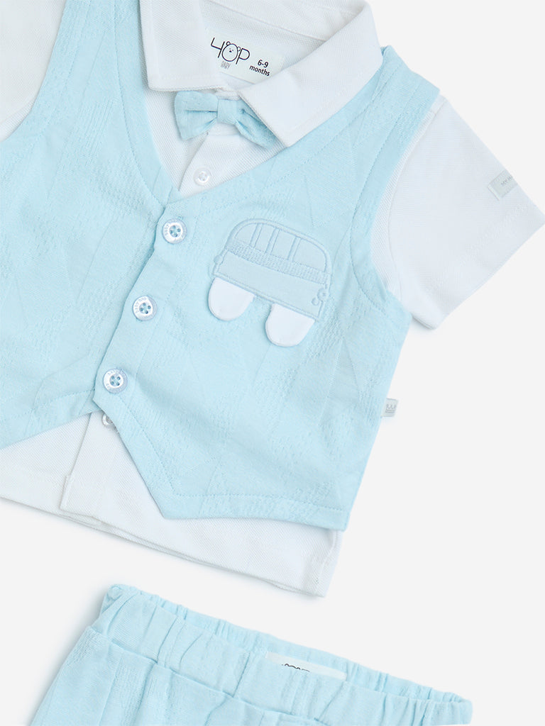 HOP Baby Blue Cotton-Blend Shirt. Waistcoat. Shorts and Bow - Image 3