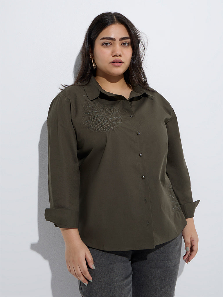 Gia Olive Embellished Cotton Shirt - Image 2