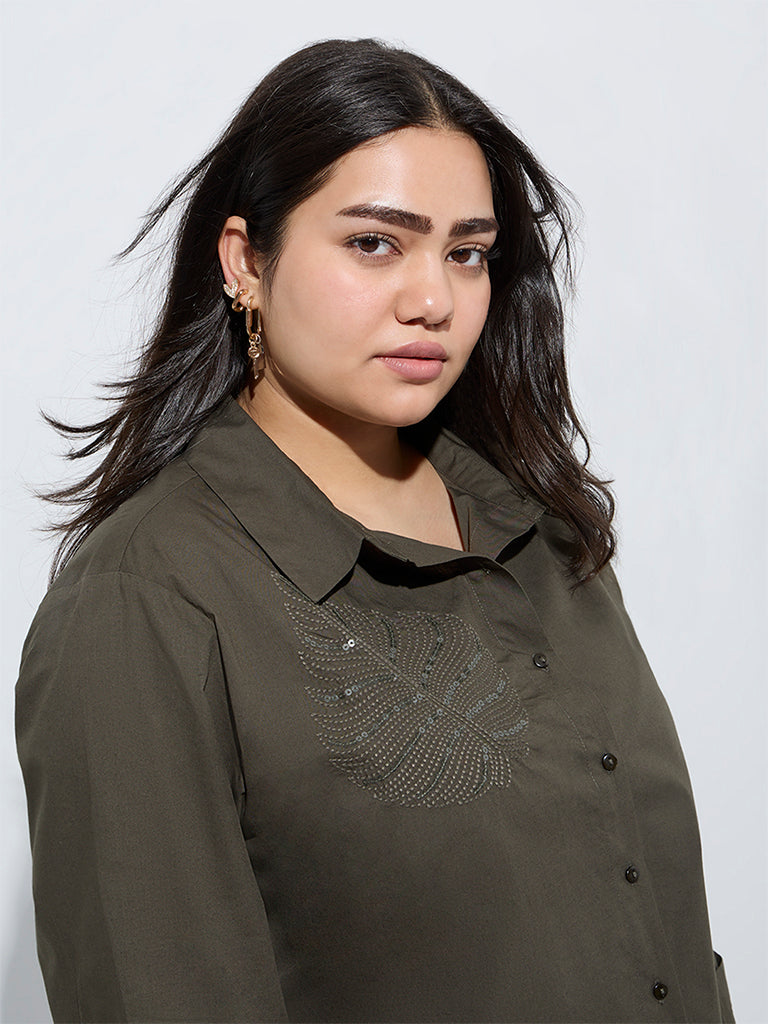Gia Olive Embellished Cotton Shirt - Image 3