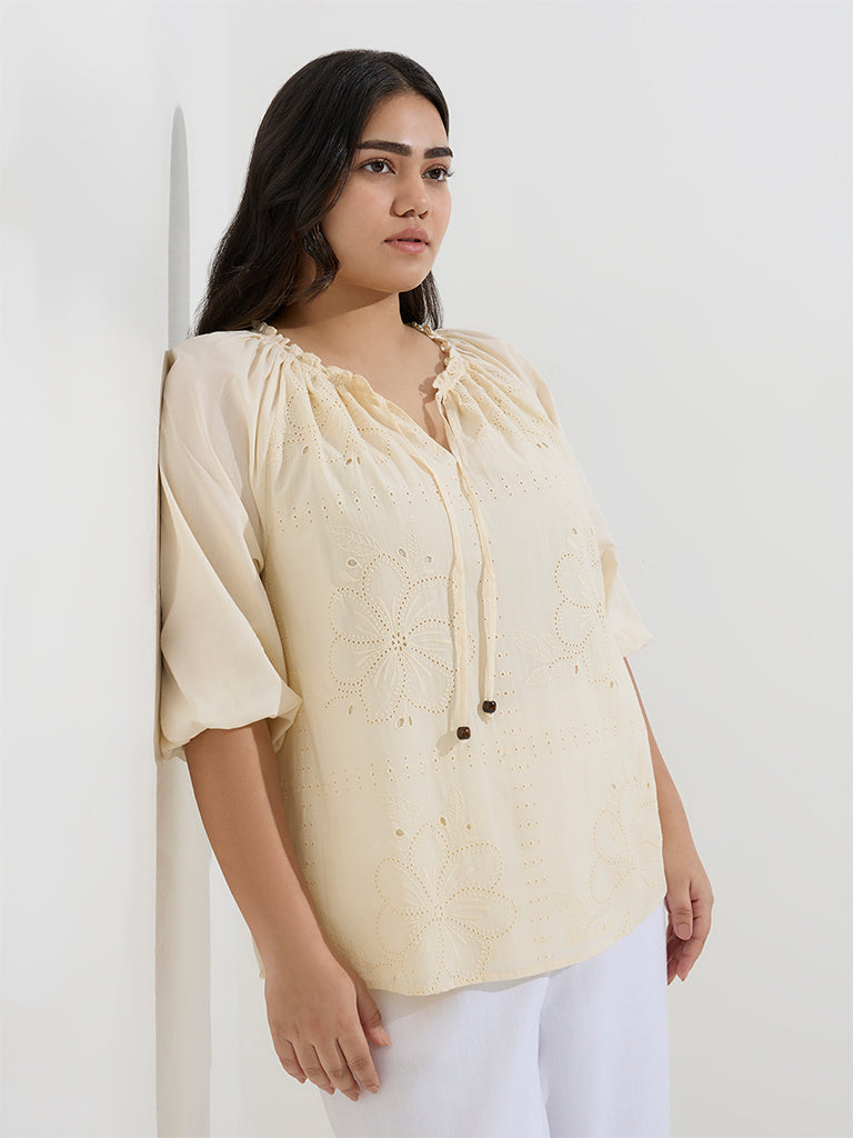 Gia Light Yellow Floral Embroidered Cotton Blouse