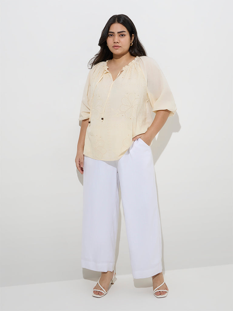 Gia Light Yellow Floral Embroidered Cotton Blouse - Image 2