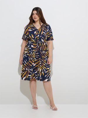 Gia Navy Leaf Printed A-Line Dress