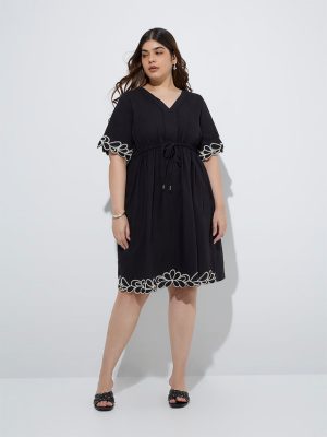 Gia Black Embroidered Cotton A-Line Dress