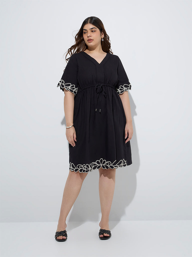 Gia Black Embroidered Cotton A-Line Dress