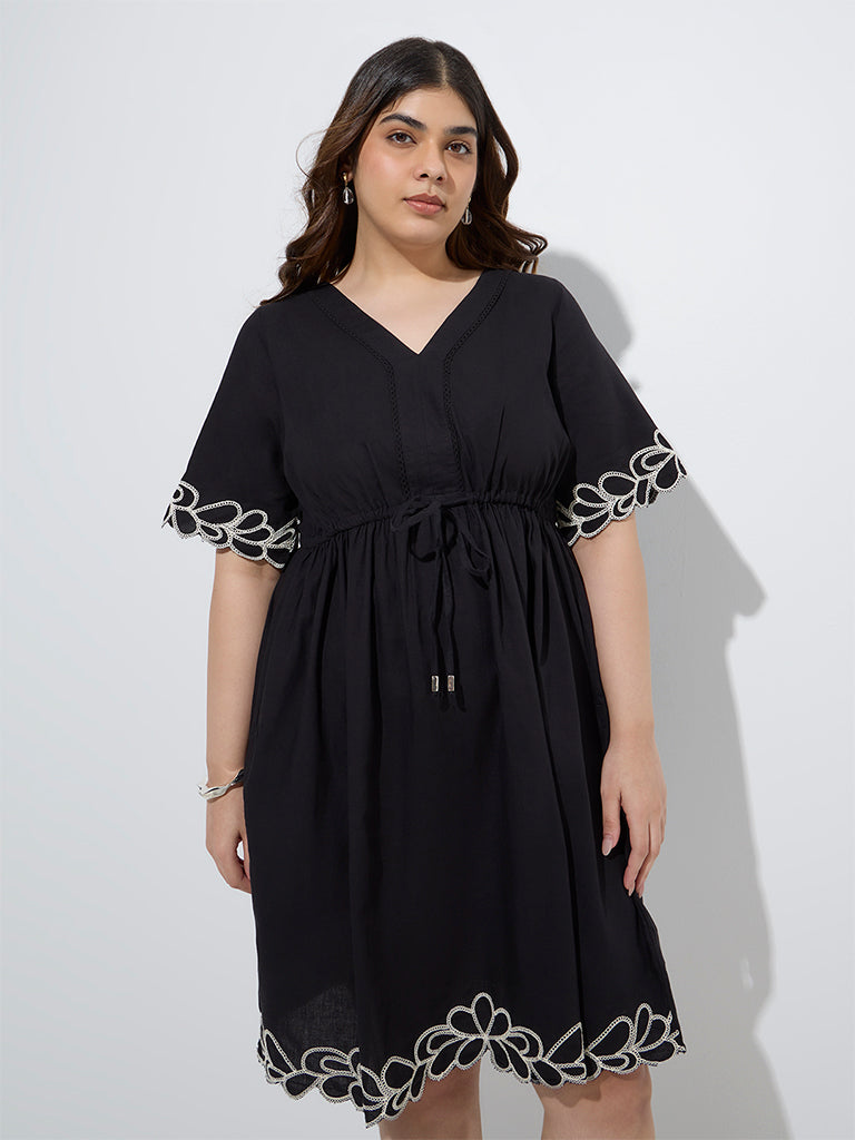 Gia Black Embroidered Cotton A-Line Dress - Image 2